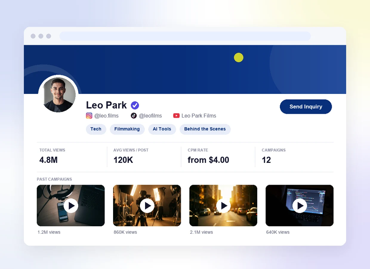 Screenshot of a collab profile page showing a verified creator with platform handles, niche tags, rate stats, past campaigns, and a Send Inquiry button