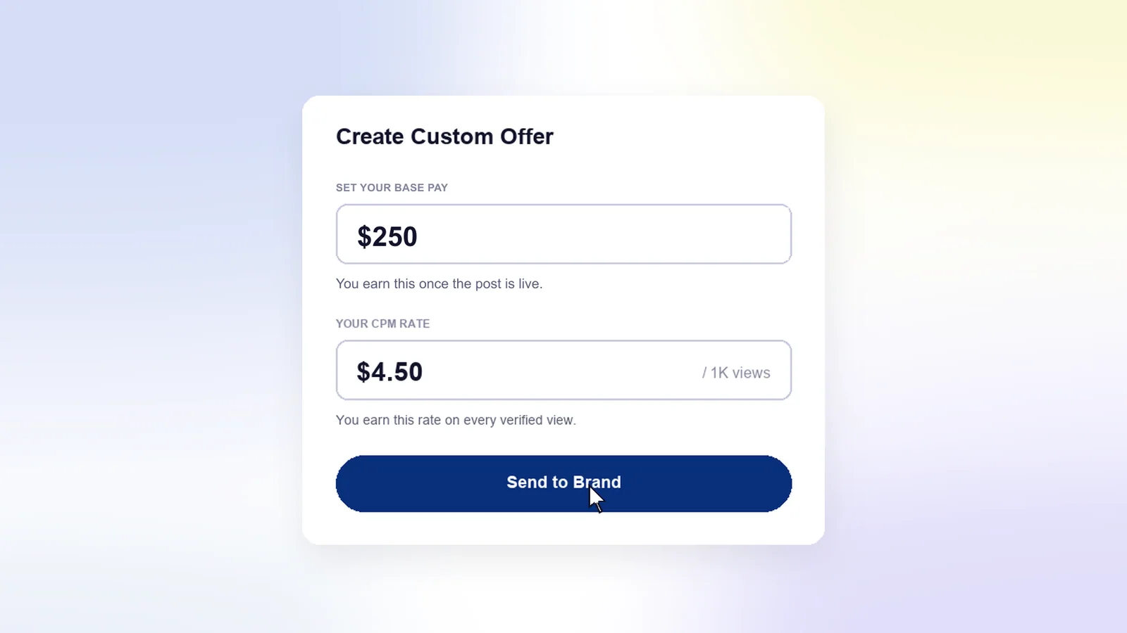 Create Custom Offer form with a $250 base pay and a $4.50 CPM rate per 1,000 views