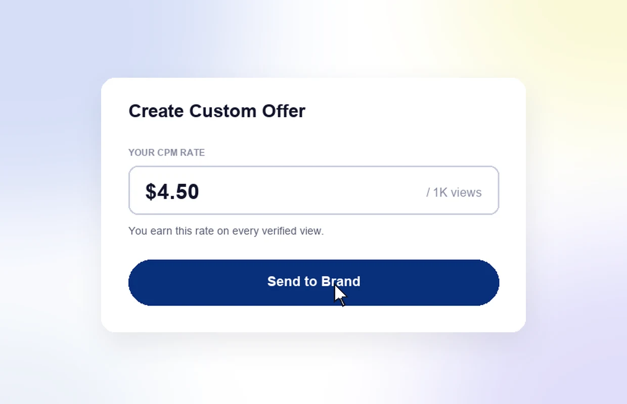Screenshot of the custom offer widget with a CPM rate input and a Send to Brand button