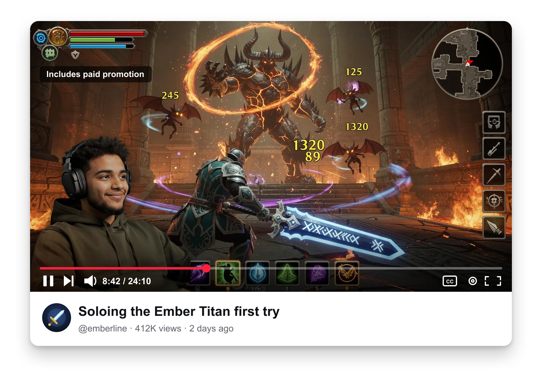 A YouTube-style video of a fantasy boss fight, with a relaxed streamer in headphones overlaid in the bottom-left corner, an Includes paid promotion label, and the title Soloing the Ember Titan first try.