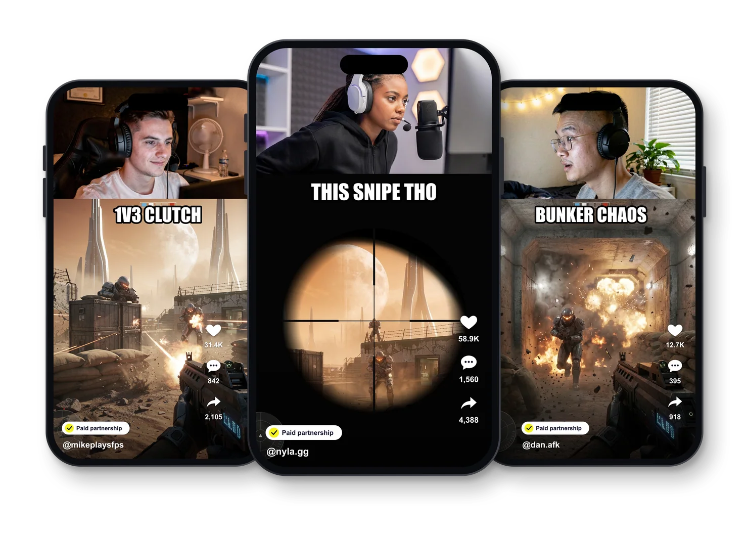 Three phones showing paid posts from three different creators playing the same shooter game, each with a face-cam above gameplay, a bold caption, a Paid partnership label and their own like, comment and share counts.