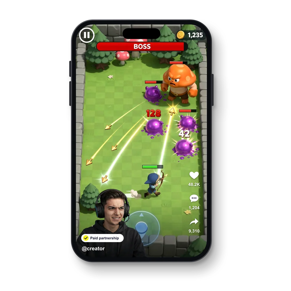 Phone showing a paid gaming post. A streamer in a headset is overlaid in the bottom-left corner of gameplay where an archer dashes past incoming arrows and fires at slime monsters and a mushroom boss, with a Paid partnership label and like, comment and share counts.