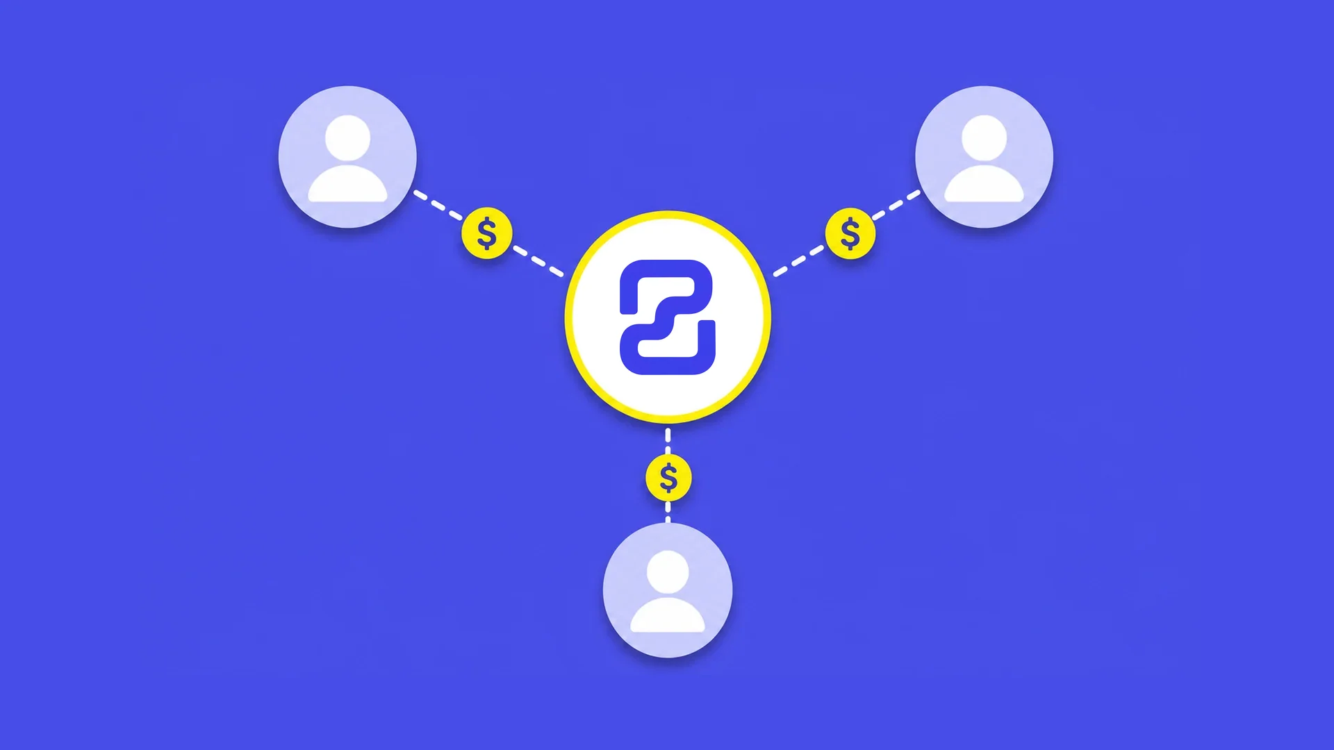 Diagram of an open campaign: a central brand hub connected to three creator avatars by dashed lines, with dollar coins flowing to each creator